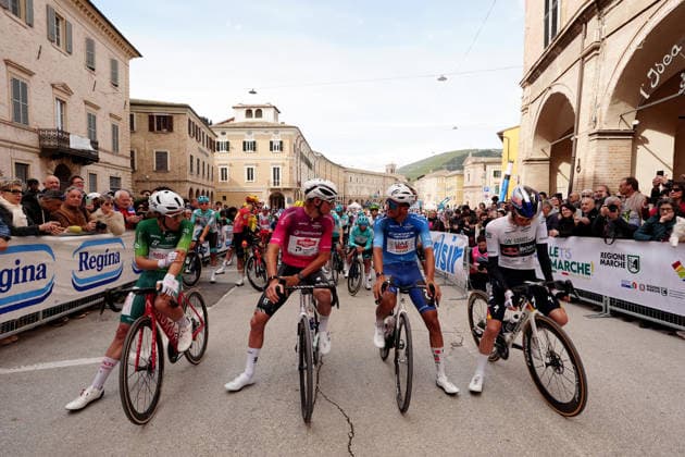 Sevilla Lopez Diego Pablo Of Team Polti Visitmalta, Del Toro Romero Isaac Of Uae Team Emirates Xrg, Van Der Poel Mathieu Of Alpecin-Premier Tech and Del Toro Romero Isaac Of Uae Team Emirates Xrg during the 188-kilometer Stage 6 of the Tirreno-Adriatico cycling race from San Severino Marche to Camerino - Italy - Saturday, March 14, 2026. - cycling.  Copyright: xMassimoxPaolone LaPressex