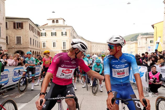 Van Der Poel Mathieu Of Alpecin-Premier Tech and Del Toro Romero Isaac Of Uae Team Emirates Xrg during the 188-kilometer Stage 6 of the Tirreno-Adriatico cycling race from San Severino Marche to Camerino - Italy - Saturday, March 14, 2026. - cycling.  Copyright: xMassimoxPaolone LaPressex