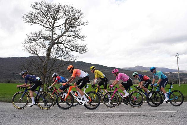 The pack rides cycles during the 188-kilometer Stage 6 of the Tirreno-Adriatico cycling race from San Severino Marche to Camerino - Italy - Saturday, March 14, 2026. - cycling.  Copyright: xMarcoxAlpozzi LaPressex