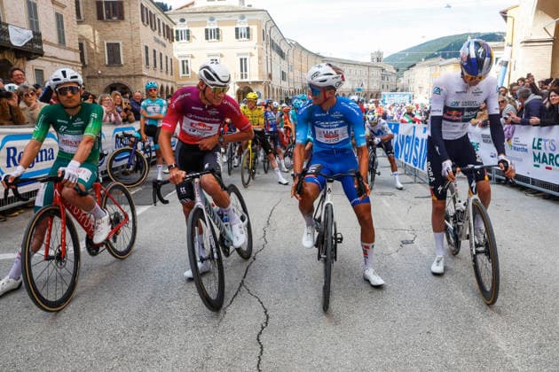 March 14, 2026, Camerino: San Severino Marche. Diego Pablo Sevilla (ESP - Team Polti VisitMalta) - Mathieu Van Der Poel (NED - Alpecin - Premier Tech) - Isaac Del Toro (MEX - UAE Team Emirates - XRG) - Giulio Pellizzari (ITA - Red Bull - BORA - hansgrohe) before the start in sixth stage, from San Severino Marche to Camerino, an 188 km, of the 61st edition of the Tirreno-Adriatico. March 14, 2026. San Severino Marche . ANSA ROBERTO BETTINI Tirreno-Adriatico Cycling  - ZUMAa110 20260314_zaf_a110_004 Copyright: xAnsa RobertoxBettinix
