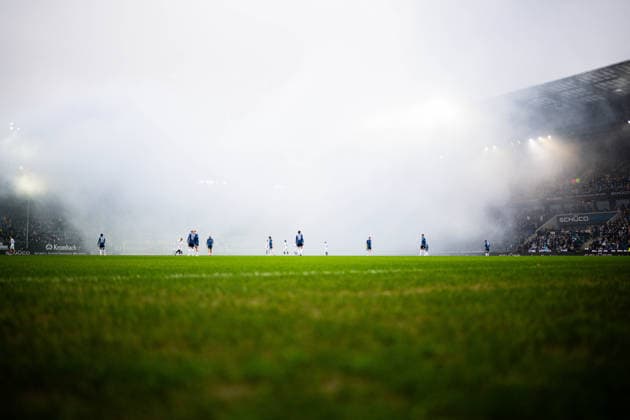 14 03 2026 Soccer, 2025 2026, 2 Bundesliga, Matchday 26, DSC Arminia Bielefeld SC Paderborn 07 Fans Paderborn with pyrotechnics DFL REGULATIONS PROHIBIT ANY USE OF PHOTOGRAPHS AS IMAGE SEQUENCES AND OR QUASI VIDEO
