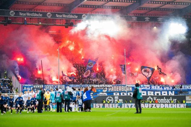 14 03 2026 Soccer, 2025 2026, 2 Bundesliga, Matchday 26, DSC Arminia Bielefeld SC Paderborn 07 Fans Paderborn with pyrotechnics DFL REGULATIONS PROHIBIT ANY USE OF PHOTOGRAPHS AS IMAGE SEQUENCES AND OR QUASI VIDEO