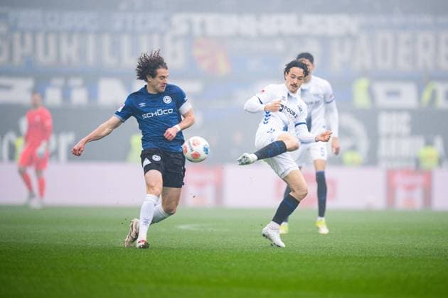 14 03 2026 Soccer, 2025 2026, 2 Bundesliga, Matchday 26, DSC Arminia Bielefeld SC Paderborn 07 L R Mael Corboz Bielefeld , Mika Baur Paderborn DFL REGULATIONS PROHIBIT ANY USE OF PHOTOGRAPHS AS IMAGE SEQUENCES AND OR QUASI VIDEO