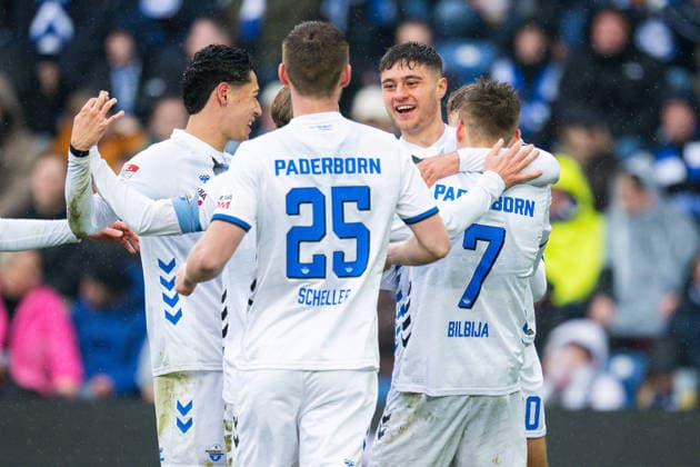 14 03 2026 Soccer, 2025 2026, 2 Bundesliga, Matchday 26, DSC Arminia Bielefeld SC Paderborn 07 Jubeltraube nach dem vermeintlichen Tor zum 0 1 von Filip Bilbija Paderborn , M Stefano Marino Paderborn DFL REGULATIONS PROHIBIT ANY USE OF PHOTOGRAPHS AS IMAGE SEQUENCES AND OR QUASI VIDEO
