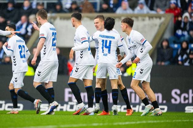14 03 2026 Soccer, 2025 2026, 2 Bundesliga, Matchday 26, DSC Arminia Bielefeld SC Paderborn 07 Jubeltraube nach dem vermeintlichen Tor zum 0 1 von M Filip Bilbija Paderborn DFL REGULATIONS PROHIBIT ANY USE OF PHOTOGRAPHS AS IMAGE SEQUENCES AND OR QUASI VIDEO