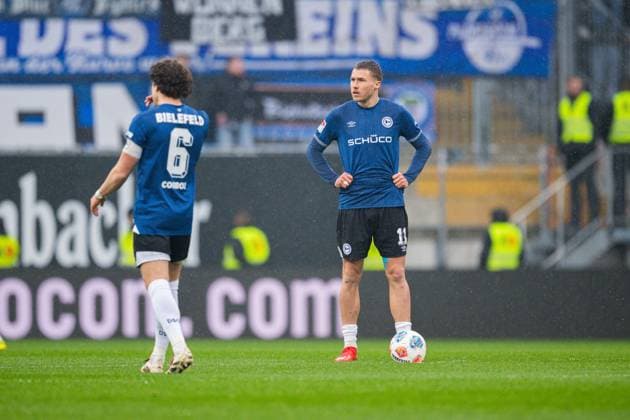 14 03 2026 Soccer, 2025 2026, 2 Bundesliga, Matchday 26, DSC Arminia Bielefeld SC Paderborn 07 L R Mael Corboz Bielefeld , Joel Grodowski Bielefeld DFL REGULATIONS PROHIBIT ANY USE OF PHOTOGRAPHS AS IMAGE SEQUENCES AND OR QUASI VIDEO