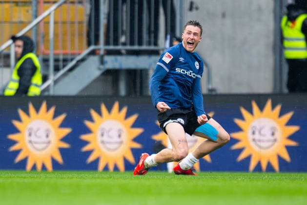 14 03 2026 Soccer, 2025 2026, 2 Bundesliga, Matchday 26, DSC Arminia Bielefeld SC Paderborn 07 Joel Grodowski Bielefeld cheers after his goal for 1 0 DFL REGULATIONS PROHIBIT ANY USE OF PHOTOGRAPHS AS IMAGE SEQUENCES AND OR QUASI VIDEO