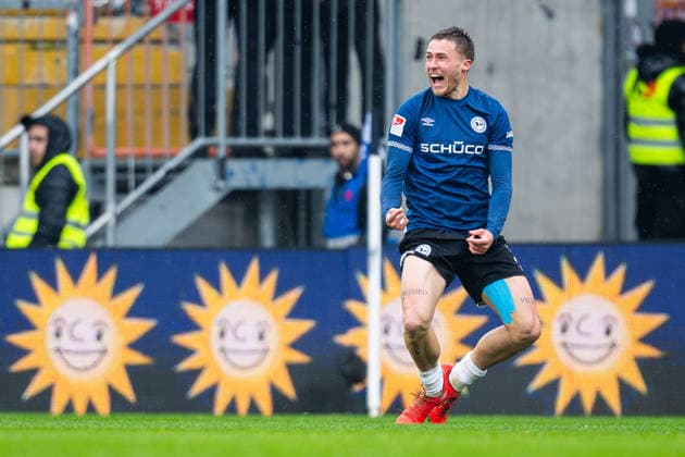 14 03 2026 Soccer, 2025 2026, 2 Bundesliga, Matchday 26, DSC Arminia Bielefeld SC Paderborn 07 Joel Grodowski Bielefeld cheers after his goal for 1 0 DFL REGULATIONS PROHIBIT ANY USE OF PHOTOGRAPHS AS IMAGE SEQUENCES AND OR QUASI VIDEO