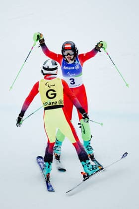 PARALYMPICS - Winter Paralympics Milano Cortina 2026 CORTINA D AMPEZZO,ITALY,14.MAR.26 - PARALYMPICS, ALPINE SKIING - Paralympic Winter games, Winterspiele,Spiele, Summer games Milano Cortina 2026, slalom, women. Image shows the rejoicing of guide Eric Digruber and Veronika Aigner (AUT).  GEPAxpictures xMaticxKlansek