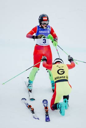 PARALYMPICS - Winter Paralympics Milano Cortina 2026 CORTINA D AMPEZZO,ITALY,14.MAR.26 - PARALYMPICS, ALPINE SKIING - Paralympic Winter games, Winterspiele,Spiele, Summer games Milano Cortina 2026, slalom, women. Image shows the rejoicing of Veronika Aigner and guide Eric Digruber (AUT).  GEPAxpictures xMaticxKlansek