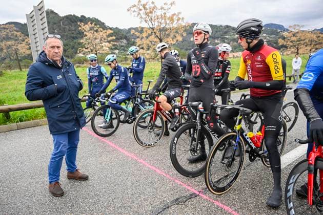 Paris Nice 2026 Stage 7 AURON, FRANCE - MARCH 14 : Gouvenou Thierry (FRA) race director of ASO at the start line during stage 7 of the 84th edition of Paris - Nice an UCI World Tour 2.UWT cycling road race stage for Men Elite of 138.7 km with start in Nice and finish in Auron on March 14, 2026 in Auron, France, 14 03 2026 ( Motordriver Guy De Vuyst - Auron France  Copyright: xNicoxVereeckenx