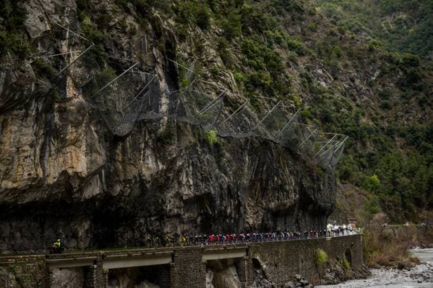 The pack of riders pictured in action during the seventh stage of 84th edition of the Paris-Nice cycling race, from Nice to Isola (120,4 km), on Saturday 14 March 2026. DAVIDxPINTENS  x167439346x