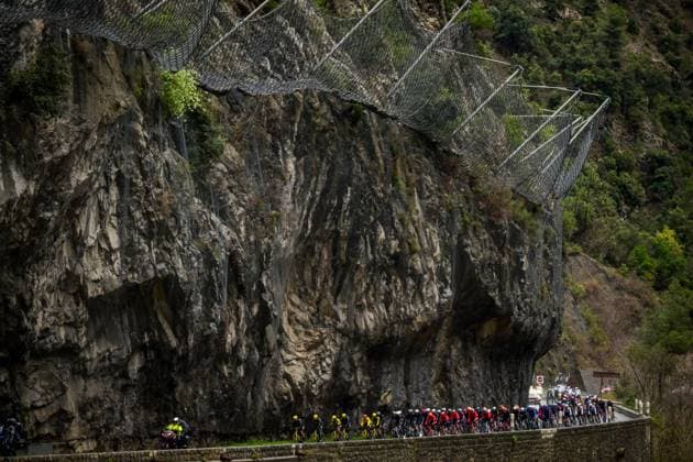 The pack of riders pictured in action during the seventh stage of 84th edition of the Paris-Nice cycling race, from Nice to Isola (120,4 km), on Saturday 14 March 2026. DAVIDxPINTENS  x167440454x