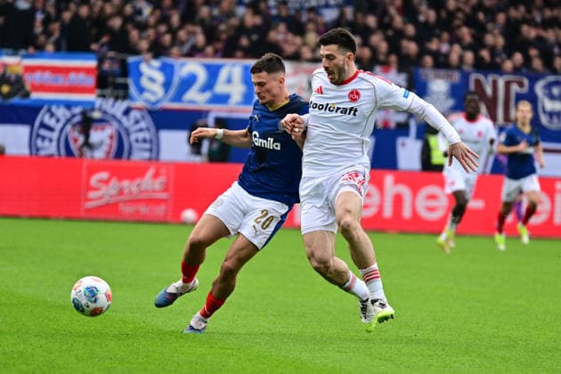14 03 2026, Football, Men, 2 BL Bundesliga , Season 2025 2026, Holstein Kiel 1 FC Nürnberg, Matchday 26 Adrian Kapralik vs Luka Lochoshvili Kiel, Holstein Stadion Holstein Stadion Schleswig Holstein Germany