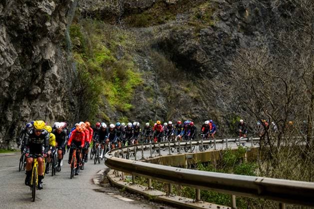 The pack of riders pictured in action during the seventh stage of 84th edition of the Paris-Nice cycling race, from Nice to Isola (120,4 km), on Saturday 14 March 2026. DAVIDxPINTENS  x167440895x
