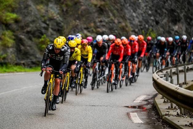 The pack of riders pictured in action during the seventh stage of 84th edition of the Paris-Nice cycling race, from Nice to Isola (120,4 km), on Saturday 14 March 2026. DAVIDxPINTENS  x167440904x