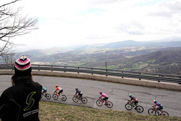 The pack rides cycles during the 188-kilometer Stage 6 of the Tirreno-Adriatico cycling race from San Severino Marche to Camerino - Italy - Saturday, March 14, 2026. - cycling.  Copyright: xMarcoxAlpozzi LaPressex
