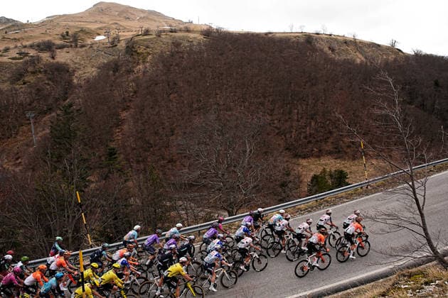 The pack rides cycles in Sassotetto during the 188-kilometer Stage 6 of the Tirreno-Adriatico cycling race from San Severino Marche to Camerino - Italy - Saturday, March 14, 2026. - cycling.  Copyright: xMarcoxAlpozzi LaPressex