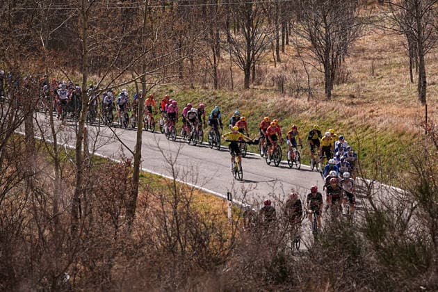 The pack rides cycles during the 188-kilometer Stage 6 of the Tirreno-Adriatico cycling race from San Severino Marche to Camerino - Italy - Saturday, March 14, 2026. - cycling.  Copyright: xMarcoxAlpozzi LaPressex