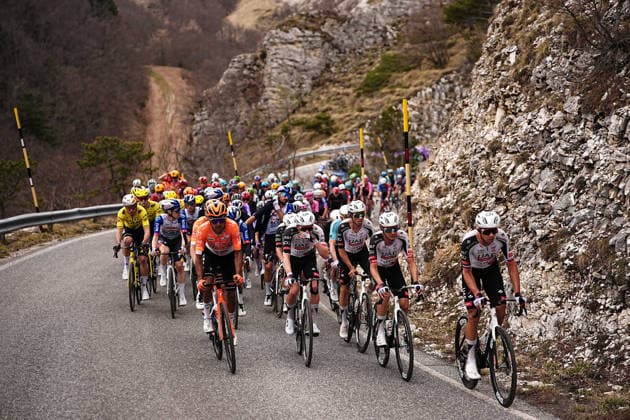 The pack rides cycles in Sassotetto during the 188-kilometer Stage 6 of the Tirreno-Adriatico cycling race from San Severino Marche to Camerino - Italy - Saturday, March 14, 2026. - cycling.  Copyright: xMarcoxAlpozzi LaPressex