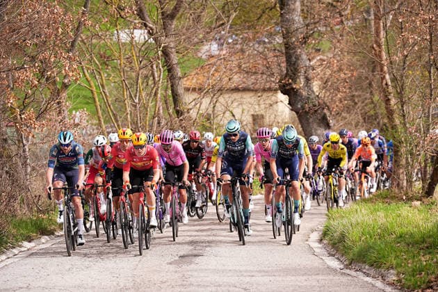 The pack rides cycles during the 188-kilometer Stage 6 of the Tirreno-Adriatico cycling race from San Severino Marche to Camerino - Italy - Saturday, March 14, 2026. - cycling.  Copyright: xMarcoxAlpozzi LaPressex