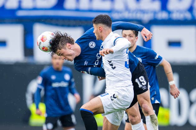 14 03 2026 Soccer, 2025 2026, 2 Bundesliga, Matchday 26, DSC Arminia Bielefeld SC Paderborn 07 L R Maximilian Großer Bielefeld , Stefano Marino Paderborn DFL REGULATIONS PROHIBIT ANY USE OF PHOTOGRAPHS AS IMAGE SEQUENCES AND OR QUASI VIDEO