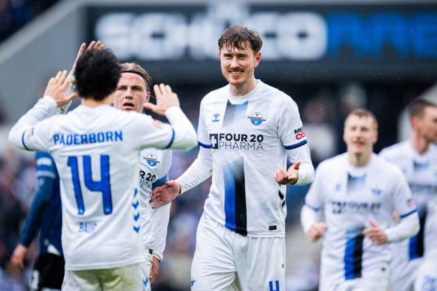 14 03 2026 Soccer, 2025 2026, 2 Bundesliga, Matchday 26, DSC Arminia Bielefeld SC Paderborn 07 R Calvin Brackelmann Paderborn cheers after his supposed goal to 1 1 with L M Mika Baur Paderborn , Felix Götze Paderborn DFL REGULATIONS PROHIBIT ANY USE OF PHOTOGRAPHS AS IMAGE SEQUENCES AND OR QUASI VIDEO