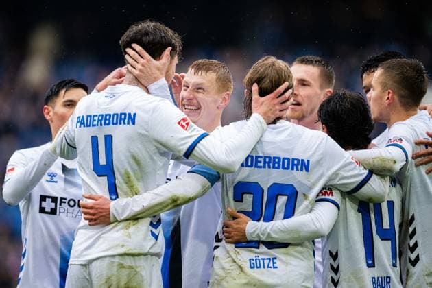 14 03 2026 Soccer, 2025 2026, 2 Bundesliga, Matchday 26, DSC Arminia Bielefeld SC Paderborn 07 L R Calvin Brackelmann Paderborn celebrates after his supposed goal to 1 1 with Laurin Curda Paderborn DFL REGULATIONS PROHIBIT ANY USE OF PHOTOGRAPHS AS IMAGE SEQUENCES AND OR QUASI VIDEO