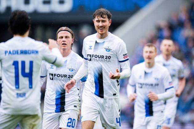 14 03 2026 Soccer, 2025 2026, 2 Bundesliga, Matchday 26, DSC Arminia Bielefeld SC Paderborn 07 R Calvin Brackelmann Paderborn cheers after his supposed goal to 1 1 with L M Mika Baur Paderborn , Felix Götze Paderborn DFL REGULATIONS PROHIBIT ANY USE OF PHOTOGRAPHS AS IMAGE SEQUENCES AND OR QUASI VIDEO