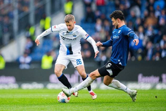 14 03 2026 Soccer, 2025 2026, 2 Bundesliga, Matchday 26, DSC Arminia Bielefeld SC Paderborn 07 L R Sebastian Klaas Paderborn , Maximilian Bauer Bielefeld DFL REGULATIONS PROHIBIT ANY USE OF PHOTOGRAPHS AS IMAGE SEQUENCES AND OR QUASI VIDEO