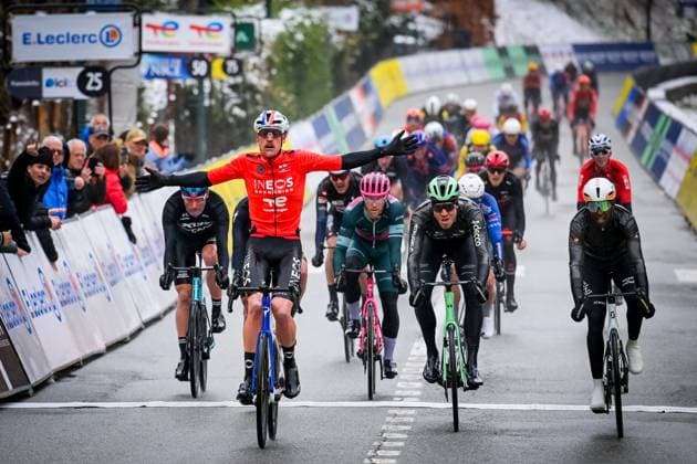 French Dorian Godon of INEOS Grenadiers celebrates as he crosses the finish line to win the seventh stage of 84th edition of the Paris-Nice cycling race, from Nice to Isola (120,4 km), on Saturday 14 March 2026. DAVIDxPINTENS  x167446857x