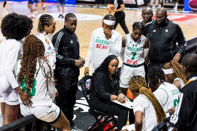 LYON-VILLEURBANNE, FRANCE - MARCH 14: Rena Wakama (Head Coach Nigeria) coaches during a timeout during the FIBA Women™s World Cup Qualifying Tournament match between Nigeria (NGR) vs. Philippines (PHI) at Astroballe on matchday 3 of the FIBA Women™s World Cup Qualifying Tournament on March 14, 2026 in Lyon-Villeurbanne, France. France Copyright: xSteffiexWunderlx