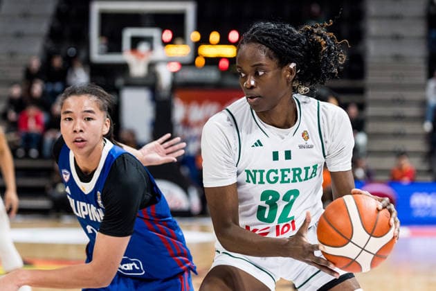 LYON-VILLEURBANNE, FRANCE - MARCH 14: Rita Igbokwe (Nigeria, 32) controls the ball during the FIBA Women™s World Cup Qualifying Tournament match between Nigeria (NGR) vs. Philippines (PHI) at Astroballe on matchday 3 of the FIBA Women™s World Cup Qualifying Tournament on March 14, 2026 in Lyon-Villeurbanne, France. France Copyright: xSteffiexWunderlx