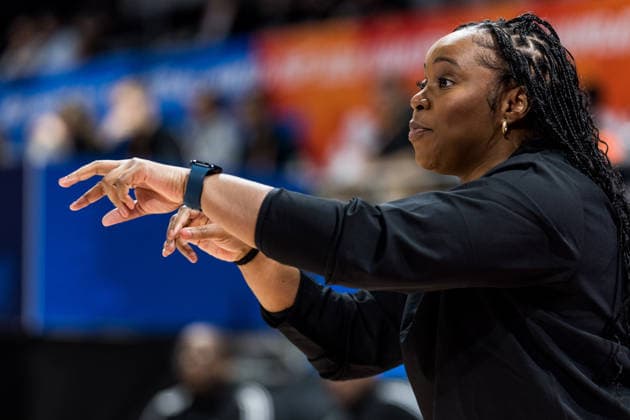 LYON-VILLEURBANNE, FRANCE - MARCH 14: Rena Wakama (Head Coach Nigeria) gestures during the FIBA Women™s World Cup Qualifying Tournament match between Nigeria (NGR) vs. Philippines (PHI) at Astroballe on matchday 3 of the FIBA Women™s World Cup Qualifying Tournament on March 14, 2026 in Lyon-Villeurbanne, France. France Copyright: xSteffiexWunderlx