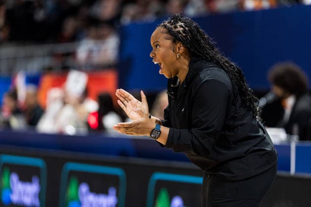 LYON-VILLEURBANNE, FRANCE - MARCH 14: Rena Wakama (Head Coach Nigeria) applauds and yells during the FIBA Women™s World Cup Qualifying Tournament match between Nigeria (NGR) vs. Philippines (PHI) at Astroballe on matchday 3 of the FIBA Women™s World Cup Qualifying Tournament on March 14, 2026 in Lyon-Villeurbanne, France. France Copyright: xSteffiexWunderlx