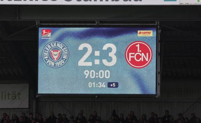 14 03 2026 Soccer Season 2025 2026 2 Soccer Bundesliga 26 Matchday Holstein Kiel KSV Kieler Sportvereinigung Holstein von 1900 Störche 1 FC Nürnberg FCN Club Sportfoto Zink DaMa xdaxmax DFL regulations prohibit any use of photographs as image sequences and or quasi video only for editorial use Symbolbild Symbol photo Feature Impression Scoreboard with final score 2 3 for FCN