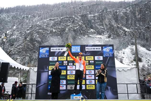 Paris Nice 2026 Stage 6 APT, FRANCE - MARCH 13 : Godon Dorian (FRA) of INEOS Grenadiers on the podium during stage 6 of the 84th edition of Paris - Nice an UCI World Tour 2.UWT cycling road race stage for Men Elite of 179.3 km with start in Barbentane and finish in Apt on March 13, 2026 in Apt, France, 13 03 2026 ( Motordriver Guy De Vuyst - Apt France  Copyright: xNicoxVereeckenx