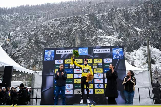 Paris Nice 2026 Stage 6 APT, FRANCE - MARCH 13 : Vingegaard Jonas (DEN) of Team Visma Lease a Bike on the podium during stage 6 of the 84th edition of Paris - Nice an UCI World Tour 2.UWT cycling road race stage for Men Elite of 179.3 km with start in Barbentane and finish in Apt on March 13, 2026 in Apt, France, 13 03 2026 ( Motordriver Guy De Vuyst - Apt France  Copyright: xNicoxVereeckenx