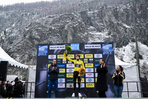 Paris Nice 2026 Stage 6 APT, FRANCE - MARCH 13 : Vingegaard Jonas (DEN) of Team Visma Lease a Bike on the podium during stage 6 of the 84th edition of Paris - Nice an UCI World Tour 2.UWT cycling road race stage for Men Elite of 179.3 km with start in Barbentane and finish in Apt on March 13, 2026 in Apt, France, 13 03 2026 ( Motordriver Guy De Vuyst - Apt France  Copyright: xNicoxVereeckenx