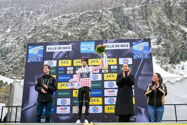 Danish Jonas Vingegaard of Team Visma-Lease a Bike celebrates in the red polka-dot jersey for best climber after the seventh stage of 84th edition of the Paris-Nice cycling race, from Nice to Isola (120,4 km), on Saturday 14 March 2026. DAVIDxPINTENS  x167450098x