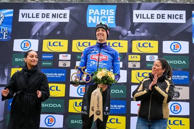 Dutch Tim Marsman of Alpecin-Premier Tech celebrates on the podium with the combativity award after the seventh stage of 84th edition of the Paris-Nice cycling race, from Nice to Isola (120,4 km), on Saturday 14 March 2026. DAVIDxPINTENS  x167450162x