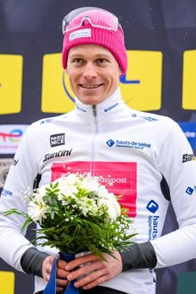 German Georg Steinhauser of EF Education-EasyPost celebrates in the white jersey for best young rider after the seventh stage of 84th edition of the Paris-Nice cycling race, from Nice to Isola (120,4 km), on Saturday 14 March 2026. DAVIDxPINTENS  x167450352x