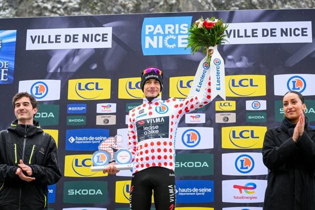 Danish Jonas Vingegaard of Team Visma-Lease a Bike celebrates in the red polka-dot jersey for best climber after the seventh stage of 84th edition of the Paris-Nice cycling race, from Nice to Isola (120,4 km), on Saturday 14 March 2026. DAVIDxPINTENS  x167450423x