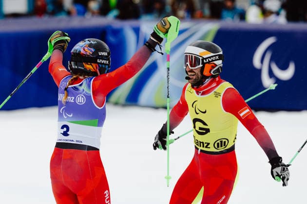PARALYMPICS - Winter Paralympics Milano Cortina 2026 CORTINA D AMPEZZO,ITALY,14.MAR.26 - PARALYMPICS, ALPINE SKIING - Paralympic Winter games, Winterspiele,Spiele, Summer games Milano Cortina 2026, slalom, women. Image shows guide Eric Digruber and Veronika Aigner (AUT).  GEPAxpictures xMatthiasxTrinkl