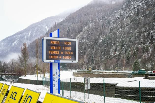 A picture shows a sign with road closures during the seventh stage of 84th edition of the Paris-Nice cycling race, from Nice to Isola (120,4 km), on Saturday 14 March 2026. DAVIDxPINTENS  x167450893x
