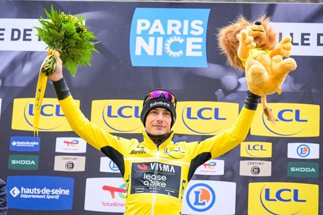 Danish Jonas Vingegaard of Team Visma-Lease a Bike celebrates in the yellow jersey of leader in the overall ranking after the seventh stage of 84th edition of the Paris-Nice cycling race, from Nice to Isola (120,4 km), on Saturday 14 March 2026. DAVIDxPINTENS  x167450955x