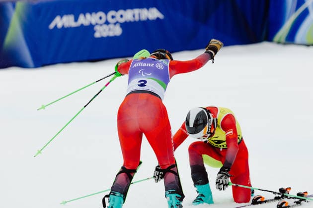 PARALYMPICS - Winter Paralympics Milano Cortina 2026 CORTINA D AMPEZZO,ITALY,14.MAR.26 - PARALYMPICS, ALPINE SKIING - Paralympic Winter games, Winterspiele,Spiele, Summer games Milano Cortina 2026, slalom, women. Image shows guide Eric Digruber and Veronika Aigner (AUT).  GEPAxpictures xMatthiasxTrinkl