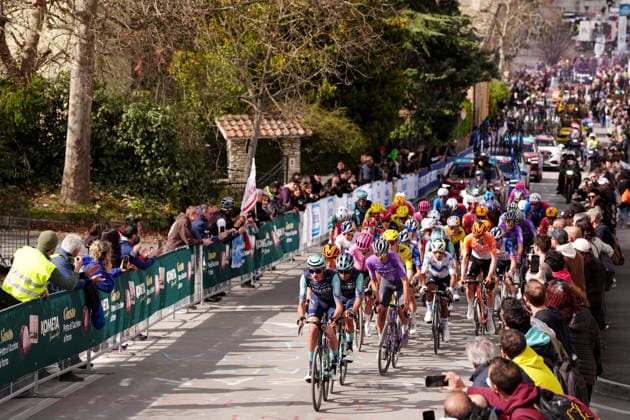 The pack rides cycles during the 188-kilometer Stage 6 of the Tirreno-Adriatico cycling race from San Severino Marche to Camerino - Italy - Saturday, March 14, 2026. - cycling.  Copyright: xMassimoxPaolone LaPressex