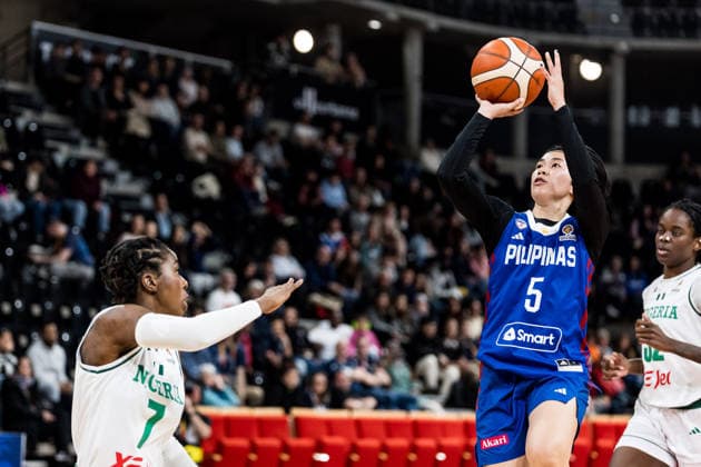 LYON-VILLEURBANNE, FRANCE - MARCH 14: Kent Jane Pastrana (Philippines, 5) shoots the ball over Sarah Ogoke (Nigeria, 7) during the FIBA Women™s World Cup Qualifying Tournament match between Nigeria (NGR) vs. Philippines (PHI) at Astroballe on matchday 3 of the FIBA Women™s World Cup Qualifying Tournament on March 14, 2026 in Lyon-Villeurbanne, France. France Copyright: xSteffiexWunderlx