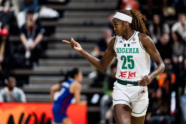 LYON-VILLEURBANNE, FRANCE - MARCH 14: Victoria Macaulay (Nigeria, 25) cheers after a successful three pointer during the FIBA Women™s World Cup Qualifying Tournament match between Nigeria (NGR) vs. Philippines (PHI) at Astroballe on matchday 3 of the FIBA Women™s World Cup Qualifying Tournament on March 14, 2026 in Lyon-Villeurbanne, France. France Copyright: xSteffiexWunderlx